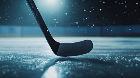 A hockey stick poised to hit a puck, with wide area for copy spaceの素材