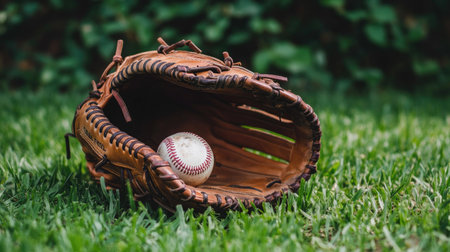 A baseball glove with a ball resting in it, with space for text in the backgroundの素材
