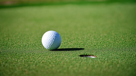A golf ball rolling towards a hole, with space for copy in the backgroundの素材