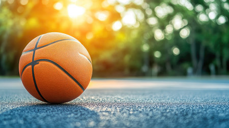 A basketball bouncing on an outdoor court, with space for text in the backgroundの素材