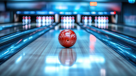 A bowling ball and pins on a shiny lane, with ample room for copyの素材