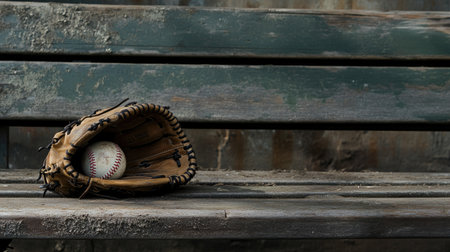 A baseball glove and ball lying on a bench, with open space for textの素材