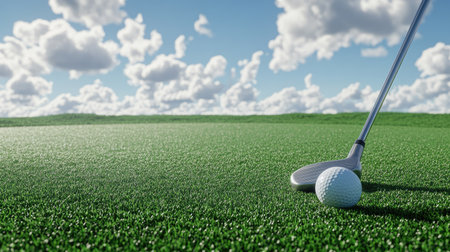 A golf club and ball on a putting green, with space for copy in the skyの素材