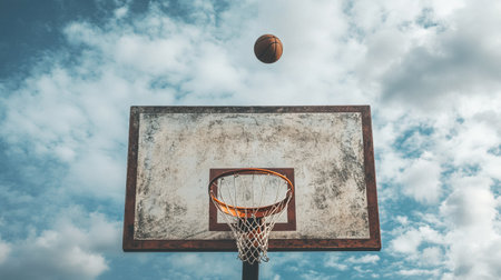A basketball hoop with a ball flying towards it, open space for copyの素材