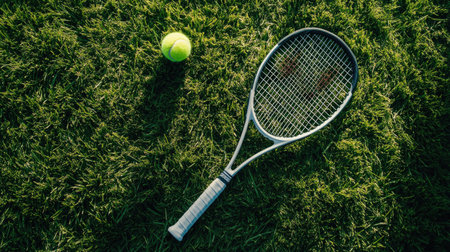 A tennis racket and ball on a grassy lawn, with ample room for textの素材