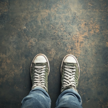 5 Prompts: Top view of feet wearing sneakers, no people, copy spaceの素材