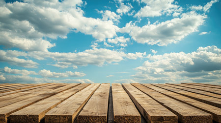 Wooden planks stacked neatly on the ground, open sky for copyの素材
