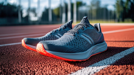A pair of running shoes on a track, with copy space available in the backgroundの素材
