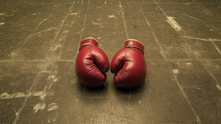 A pair of boxing gloves on a gym floor, plenty of room for copy aroundの素材