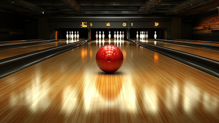 A bowling ball and pins on a shiny lane, with ample room for copyの素材