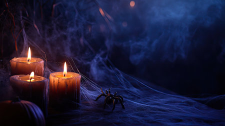 Halloween decorations with spider webs and candles, wide area for copyの素材
