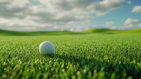 Golf ball and tee on a green field, with ample room for copy in the skyの素材