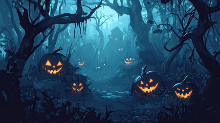 Creepy forest with glowing jack-o'-lanterns, blank area for textの素材