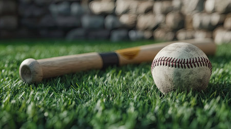 Baseball bat and glove with a ball on grass, open space for text in the backgroundの素材