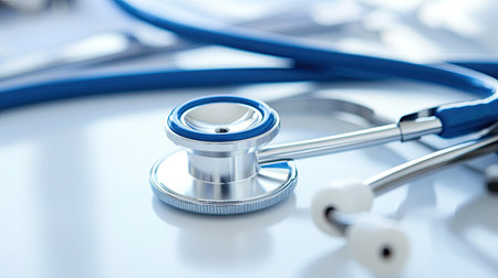 Close-up of medical tools and stethoscopes, no people, with space for healthcare messagingの素材