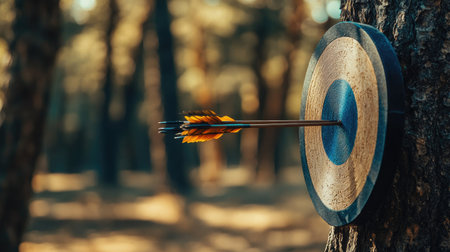 Archery bow and arrows resting on a target, open space for text in the backgroundの素材