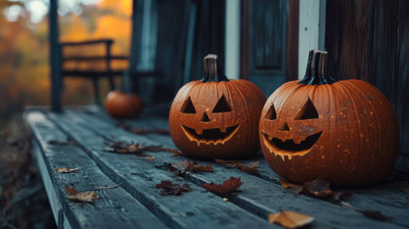 Halloween pumpkins on a wooden porch, with ample room for copyの素材