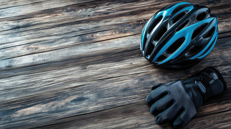 Bicycle helmet and gloves on a wooden surface, space for text in the backgroundの素材
