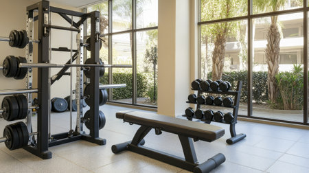 Gym weights on a rack with a workout bench, with plenty of room for copyの素材