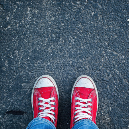 5 Prompts: Top view of feet wearing sneakers, no people, copy spaceの素材