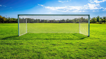 A soccer goal with a net on an empty field, wide area for copy spaceの素材