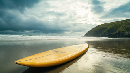 A surfboard on a beach, with room for copy in the skyの素材