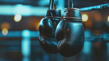 A pair of boxing gloves hanging from a hook, with space for text in the backgroundの素材