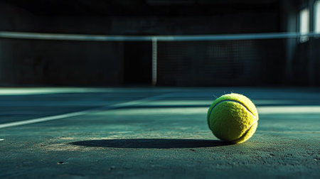A tennis ball bouncing on a hard court, with room for copy in the backgroundの素材
