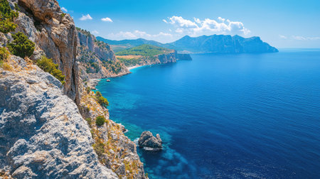 Blue sea along the European coast, no people, with plenty of space for text or travel promotionの素材