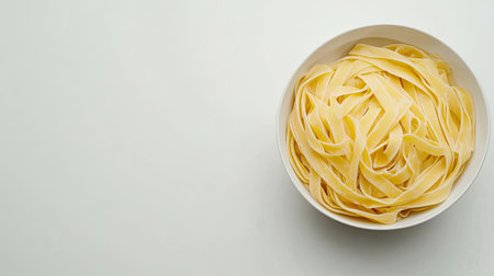 Bowl of cooked linguine pasta, top view with white background and copy space for food-related designsの素材