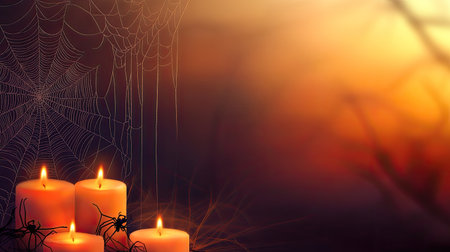 Halloween decorations with spider webs and candles, wide area for copyの素材