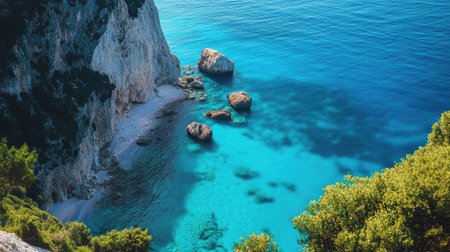 Blue sea along the European coast, no people, with plenty of space for text or travel promotionの素材