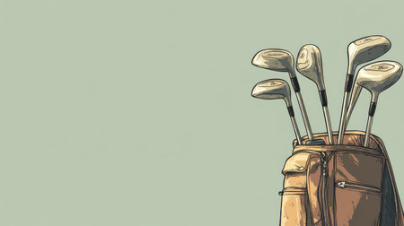 Set of golf clubs in a bag, with open space for copy on the courseの素材