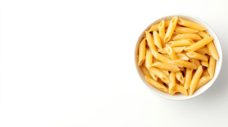 A bowl of penne pasta in a simple setting, top view with white background and text spaceの素材