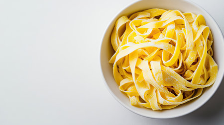 Bowl of cooked linguine pasta, top view with white background and copy space for food-related designsの素材