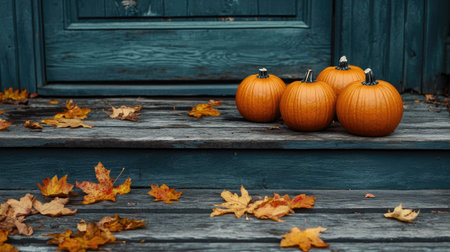 Halloween pumpkins on a wooden porch, surrounded by fallen leaves, with space for text aboveの素材