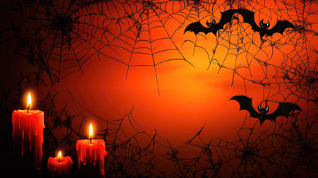 Halloween decorations with spider webs, bats, and candles, with room for textの素材