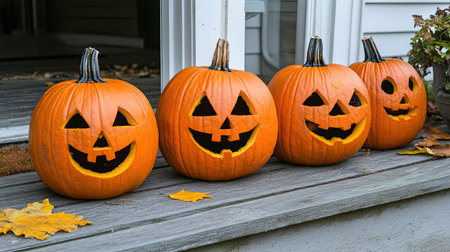 Halloween pumpkins on a wooden porch, with ample room for copyの素材