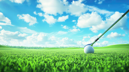 Golf club and ball on a green course, wide area for copy space in the skyの素材