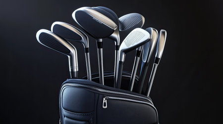 Set of golf clubs in a bag, with open space for copy on the courseの素材