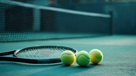 Set of tennis balls and racket on a court, with ample space for textの素材
