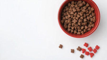 Dog food bowl and chew toys, top view with copy space on a clean white background for pet advertisingの素材