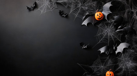 Halloween decorations with spider webs and bats, ample room for textの素材