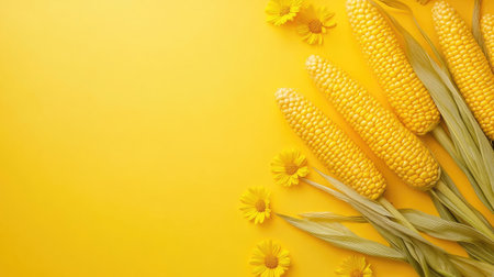 Close-up of corn on the cob, top view with copy space for agricultural or culinary useの素材