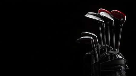 Set of golf clubs in a bag, with open space for copy on the courseの素材