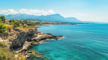 Coastal view of the European sea, no people, with copy space for travel and adventure-related contentの素材