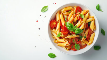 A bowl of penne pasta in a simple setting, top view with white background and text spaceの素材