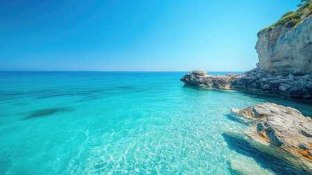 Crystal clear waters of the European sea, no people, with copy space for travel advertisementsの素材