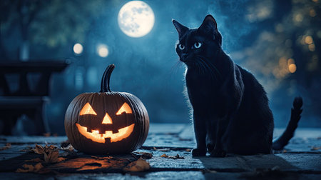 Black cat sitting near a carved pumpkin, moonlit sky in the background with space for textの素材