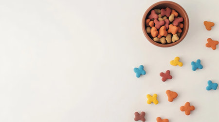 Dog food bowl and chew toys, top view with copy space on a clean white background for pet advertisingの素材